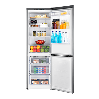 Vista frontal de la heladera llena