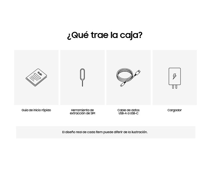 ¿Qué trae la caja? Incluye guía de inicio rápido, herramienta de extracción de SIM, cargador y cable de datos USB-A a USB-C.
