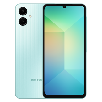 Vista frontal y trasera del celular Samsung Galaxy A06 color verde de 128 gigabytes con dos cámaras traseras y una seflie