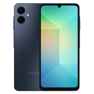 Vista frontal y trasera del celular Samsung Galaxy A06 color negro de 64 gigabytes con dos cámaras traseras y una seflie