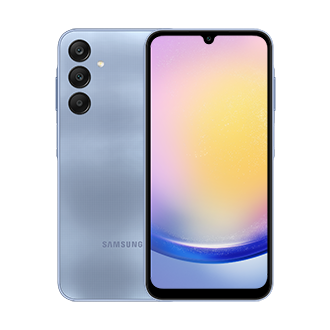 Vista frontal y trasera del celular Samsung Galaxy A25 5G color azul de 128 gigabytes con tres cámaras traseras y una seflie