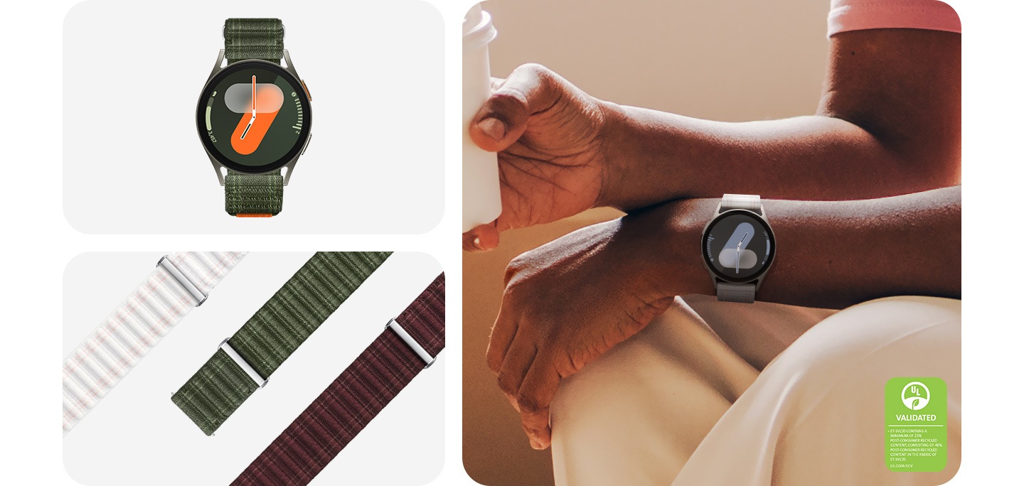 Oben links ist eine Galaxy Watch7 mit dem Galaxy Watch7 Fabric Band in Green zu sehen. Unten links sind drei 20 mm lange Armbänder in Pink White, Green und Wine direkt nebeneinander gelegt worden. Auf der rechten Seite hält ein Mann in der einen Hand einen Imbissbecher und trägt das Galaxy Watch7 Fabric Band an der anderen Hand. Unten rechts ist ein UL-Umweltschutzprüfzeichen zu erkennen, auf dem Folgendes zu lesen ist: „ET-SVL30 BESTEHT ZU MINDESTENS 23 % AUS POST-CONSUMER-RECYCLINGMATERIAL, BESTEHEND AUS 46 % POST-CONSUMER-RECYCLINGMATERIAL IM STOFF VON ET-SVL30. UL.COM/ECV“.