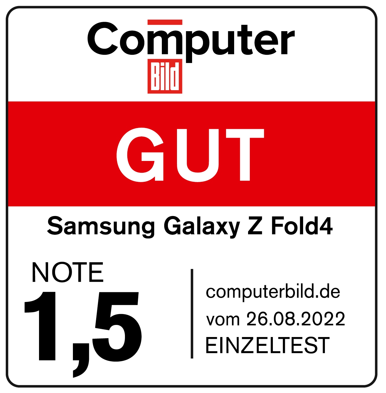 Computer Bild, gut (1,5), veröffentlicht am 26.08.2022 unter computerbild.de, Galaxy Z Fold4, Einzeltest