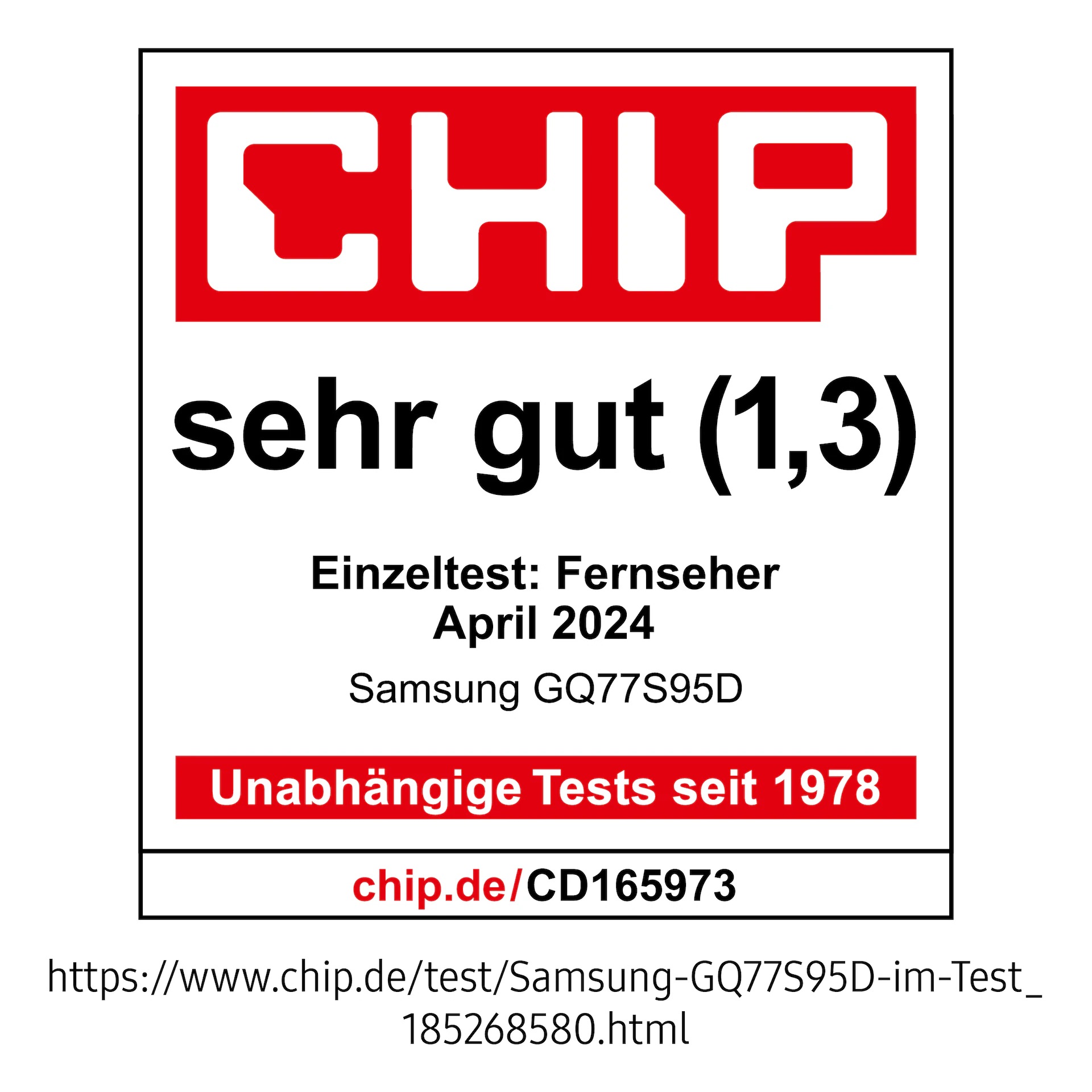 * CHIP, sehr gut (1,3), chip.de, April 2024, zum Samsung GQ77S95D, Einzeltest