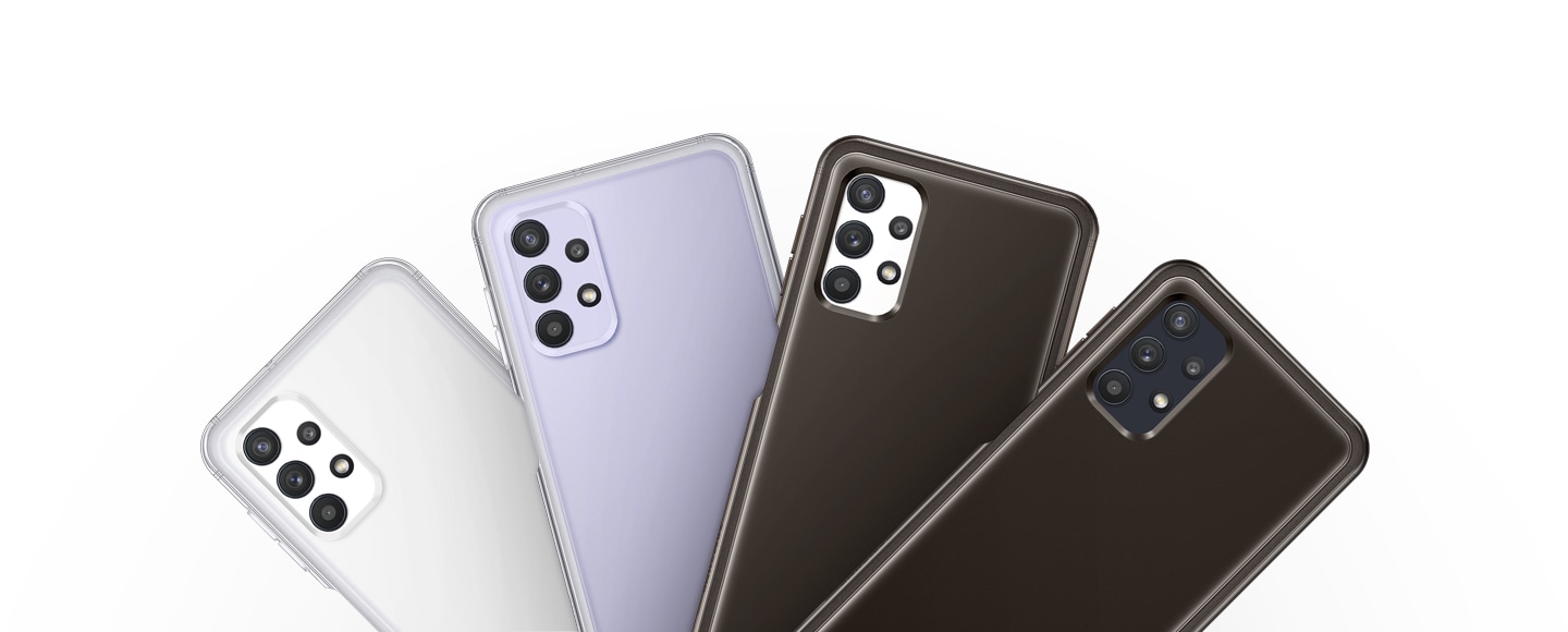 4 covers (transparent covers with white and light violet phone, clear black tint covers with  black and blue mobile phone) spread out in order.