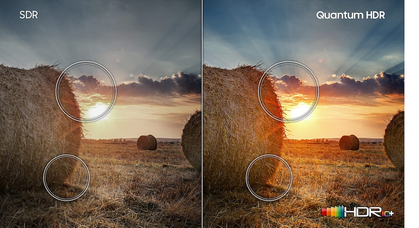Compared to SDR technology, the sunset prairie image on the right which has HDR10+ logo shows a wider range of contrast created by Quantum HDR technology.