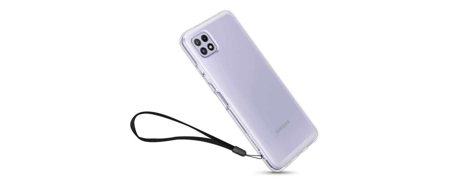 A strap is tied on a smartphone through the corner hole of a Transparent Soft Clear Cover.