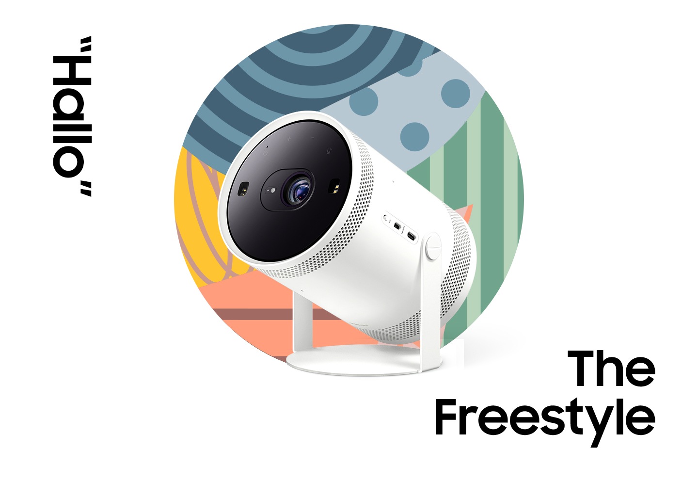The Freestyle tilted at a three-quarter angle with a colorful patterned background. "Hello."