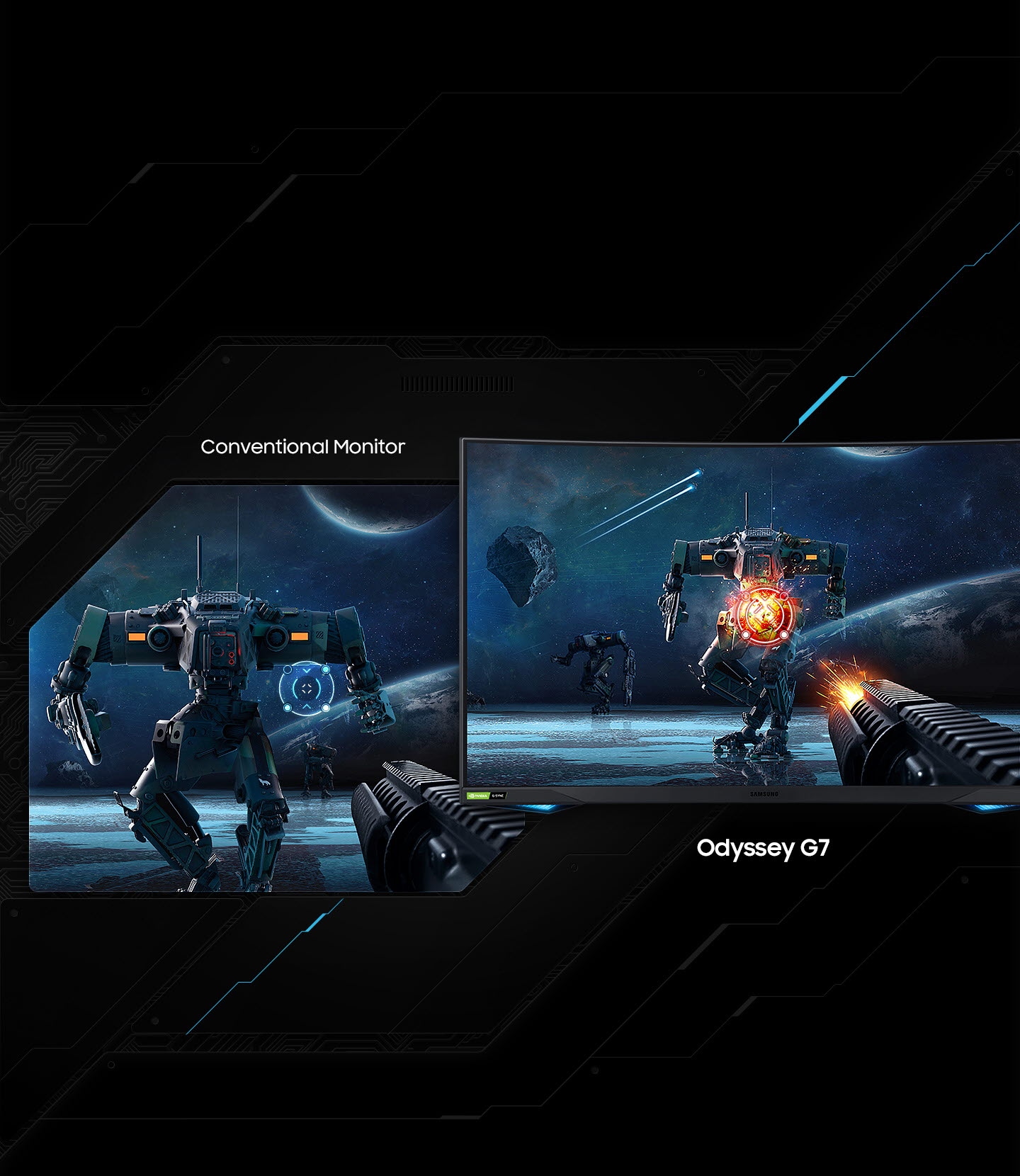 Comparing the Conventional Monitor and the Odyssey G7. On the Conventional Monitor, the bandit doesn't aim right, but on the Odyssey G7, it's a screen to aim and shoot down the bandit.