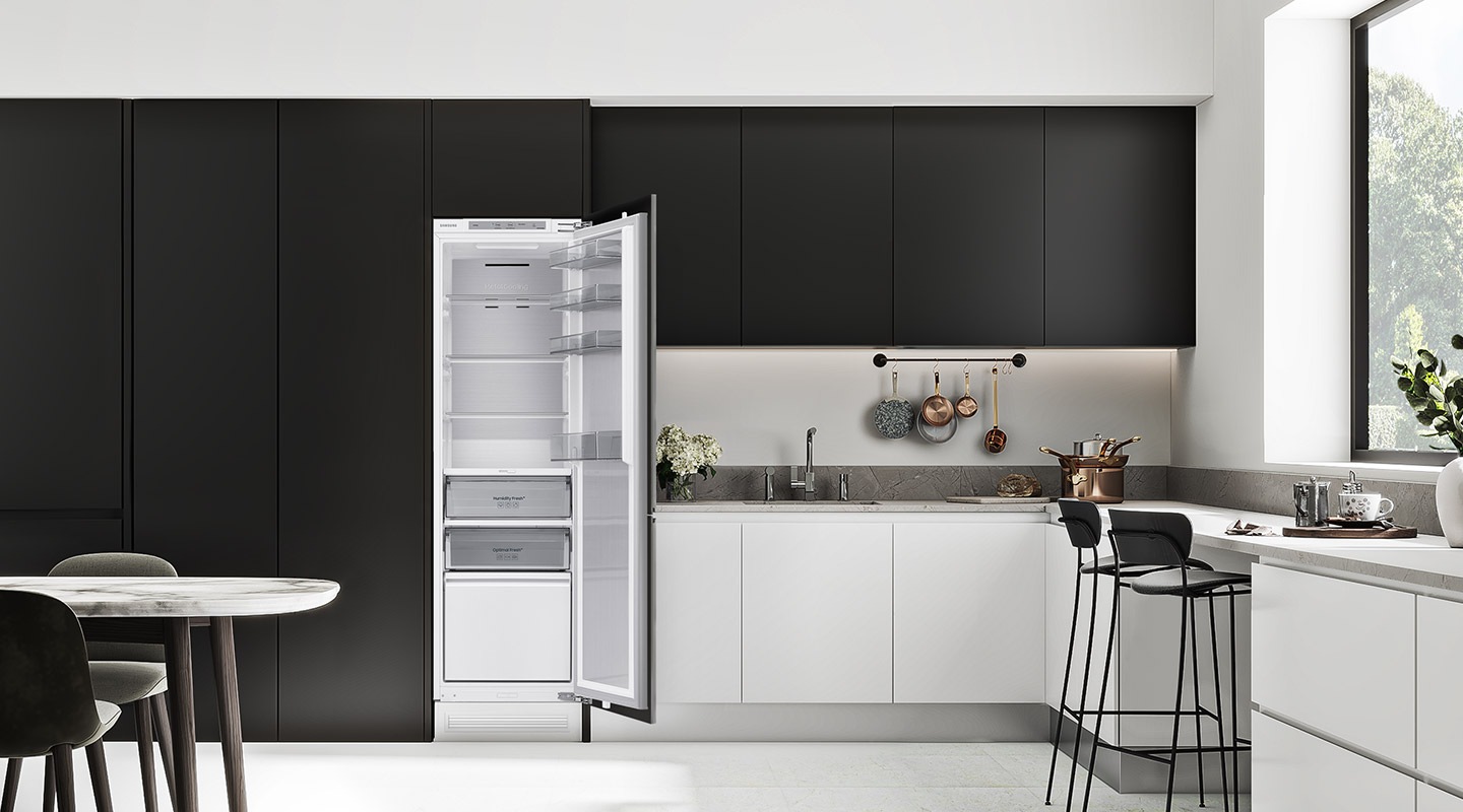 The BRR6000B Fridge is installed in the kitchen, and the door is open.