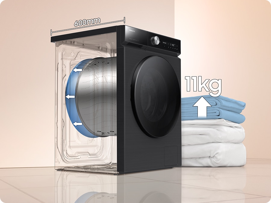 A bal alsó sarokban ikonként látható a SpaceMax™ funkció. A mosógép dobjának mélysége 600 mm-re, a kapacitása pedig 9 kg-ról 11 kg-ra nőtt. Még nagy paplanokat is képes mosni. A letisztult és stílusos mosó- és szárítógép-készletek zökkenőmentesen telepíthetők a modern stílusú szobákba.