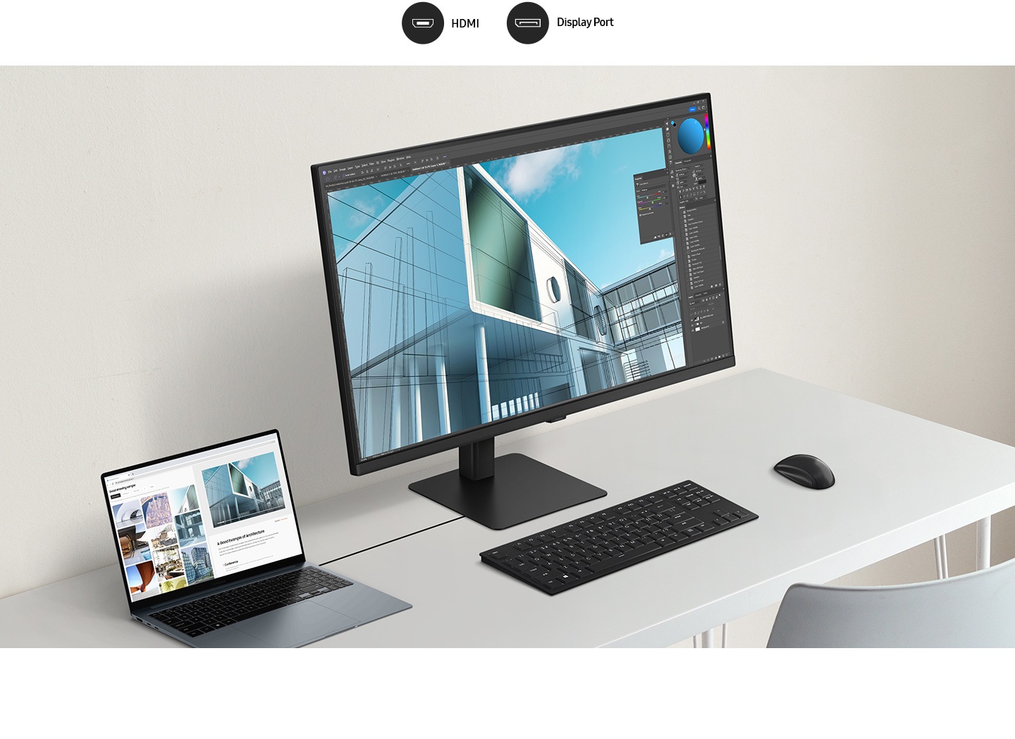 Un laptop, un monitor, o tastatură, un mouse și un telefon mobil sunt toate conectate pe un birou printr-un fir. Deasupra monitorului există 2 pictograme, HDMI și Displayport.