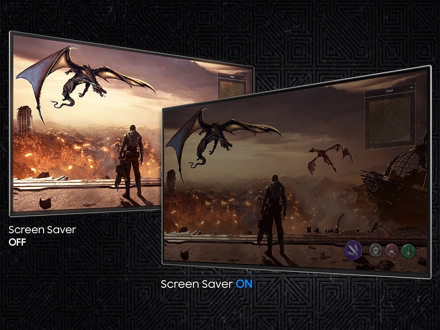 A screen is shown twice, with a man in front of a dragon flying over a battlefield. The left screen is labeled "Screen Saver OFF," showing the screen at full brightness. The right screen, labeled "Screen Saver ON," is dimmer.