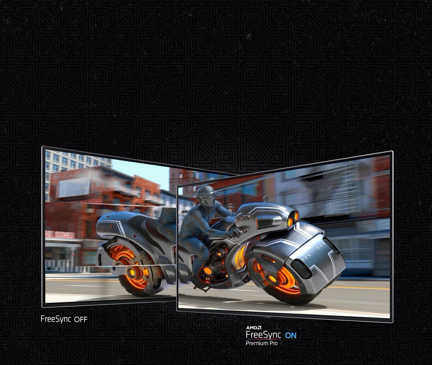 A screen shows a man riding a futuristic motorcycle and it is divided into two sections. The left section, labled "FreeSync OFF" shows the screen stuttering. The right side, labled "AMD FreeSync Premium Pro ON" is clear.