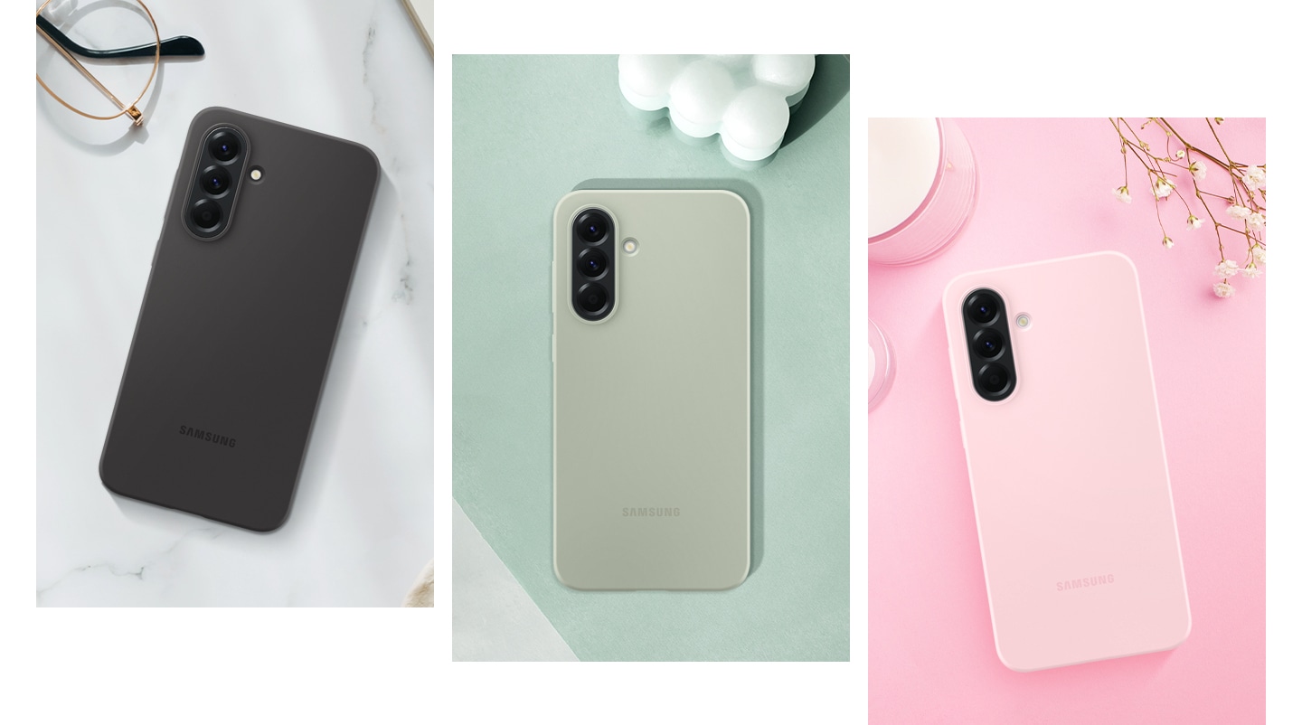 Drei Galaxy A56 5G Smartphones, jeweils mit angebrachtem Silicone Case in Black, Sage Green und Pink.