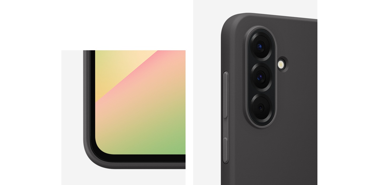 Verschiedene Winkel des Galaxy A56 5G mit angebrachtem Silicone Case in Nahaufnahme. Eine zeigt die Vorderseite und die andere die Rückseite.