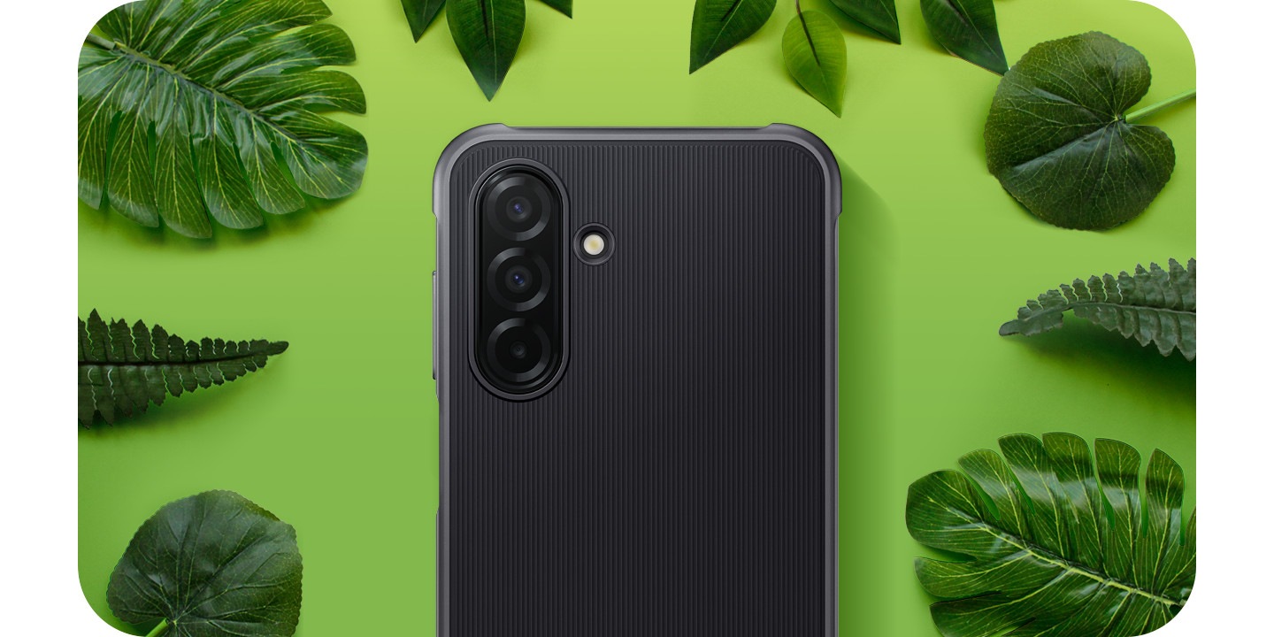 Rückansicht eines Galaxy A26 5G mit Rugged Case, umgeben von Blättern.