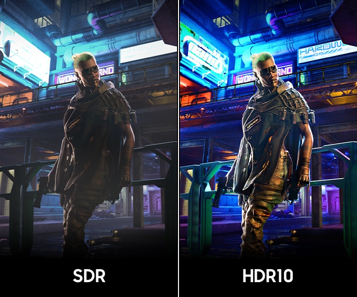 Jelenet egy korlátnak támaszkodó férfiról. A HDR10 tisztábban és élénkebben mutatja a jelenetet, mint az SDR.