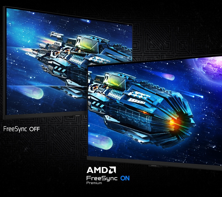 Két képernyőn egy meteorokkal tarkított rakéta látható az űrben. A FreeSync kikapcsolt állapotában a kép szaggatottabb, mint az AMD FreeSync Premium bekapcsolt állapotában.