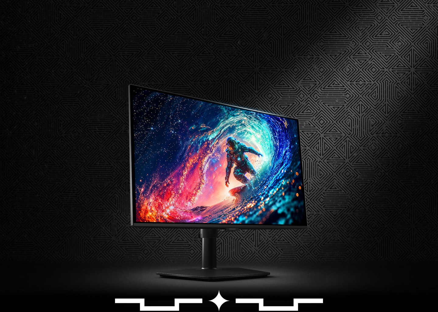 Egy Odyssey OLED G6 monitor egy szörföző neoprénruhás személy képét jeleníti meg.
