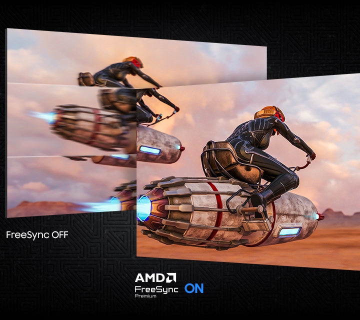 Két képernyőn egy játékos látható egy légpárnás hajón a sivatagban. A FreeSync kikapcsolt állapotában a kép szaggatottabb, mint az AMD FreeSync Premium bekapcsolt állapotában.