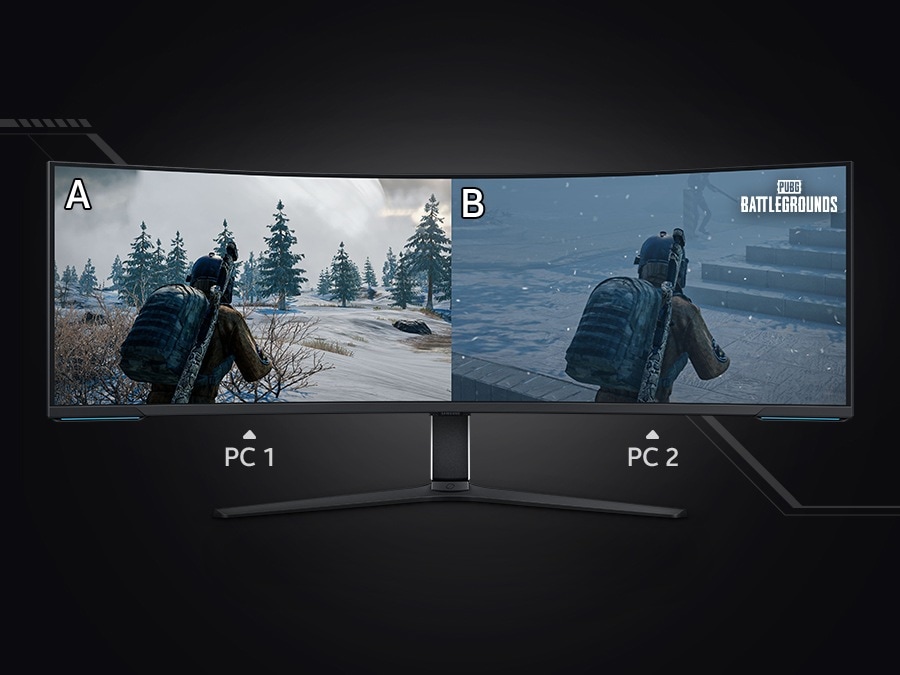 The Odyssey monitor's screen is split into two. On both sides of the screen, different scenarios are shown for PUBG Battlegrounds. Text below the monitor reads “PC1” on the left side and “PC2” on the right.