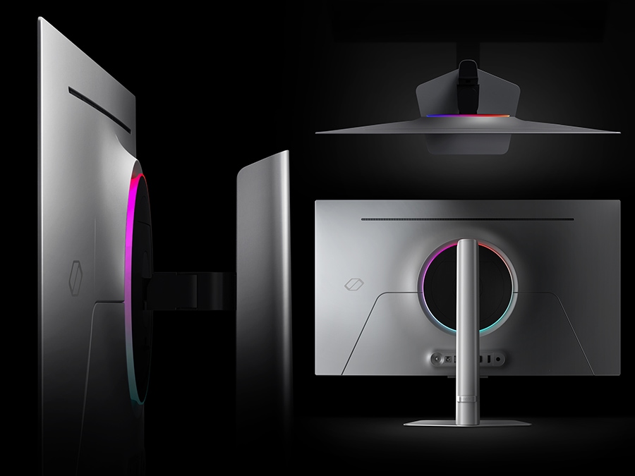 The Odyssey OLED G8 is shown from several different angles: from the side, from the top, and from behind. A circle of multicolored lights is seen from every angle.