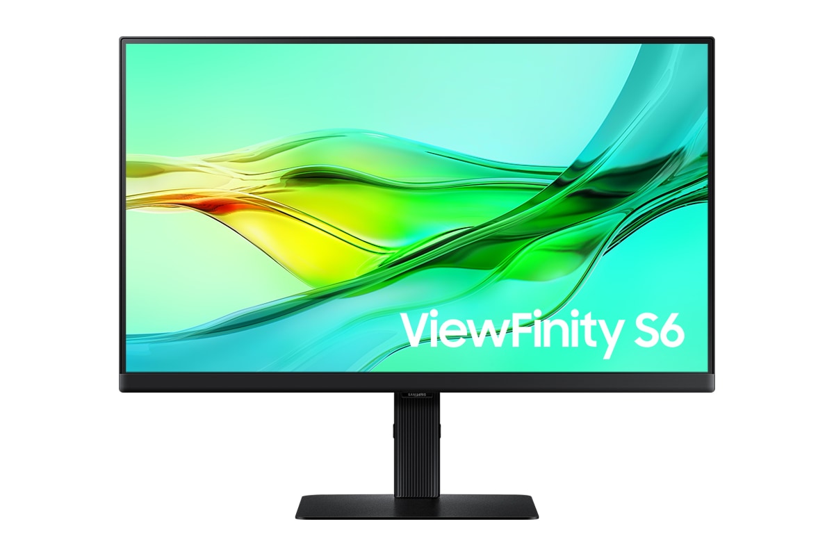 Front of 24inch Samsung ViewFinity S60UD with green wave on screen.