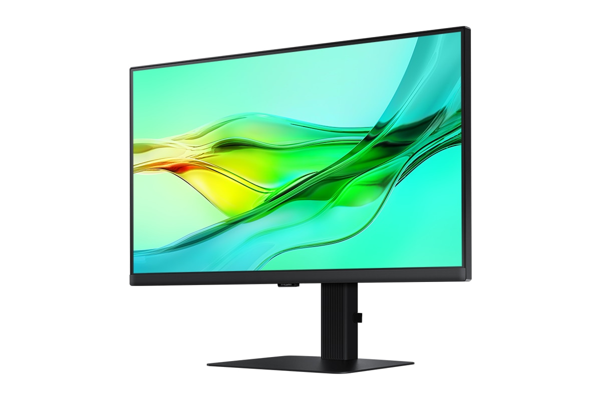 Front-right perspective of 24inch Samsung ViewFinity S60UD with green wave on screen.