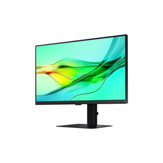 Front-right perspective of 24inch Samsung ViewFinity S60UD with green wave on screen.