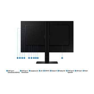 Jackport of 24inch Samsung ViewFinity S60UD including USB Type-A Downstream/SERVICE, USB Type-A Downstream, USB Type-B Upstream, USB Type-C, headphone IN, LAN, Display IN, Display Out, HDMI IN, and power.