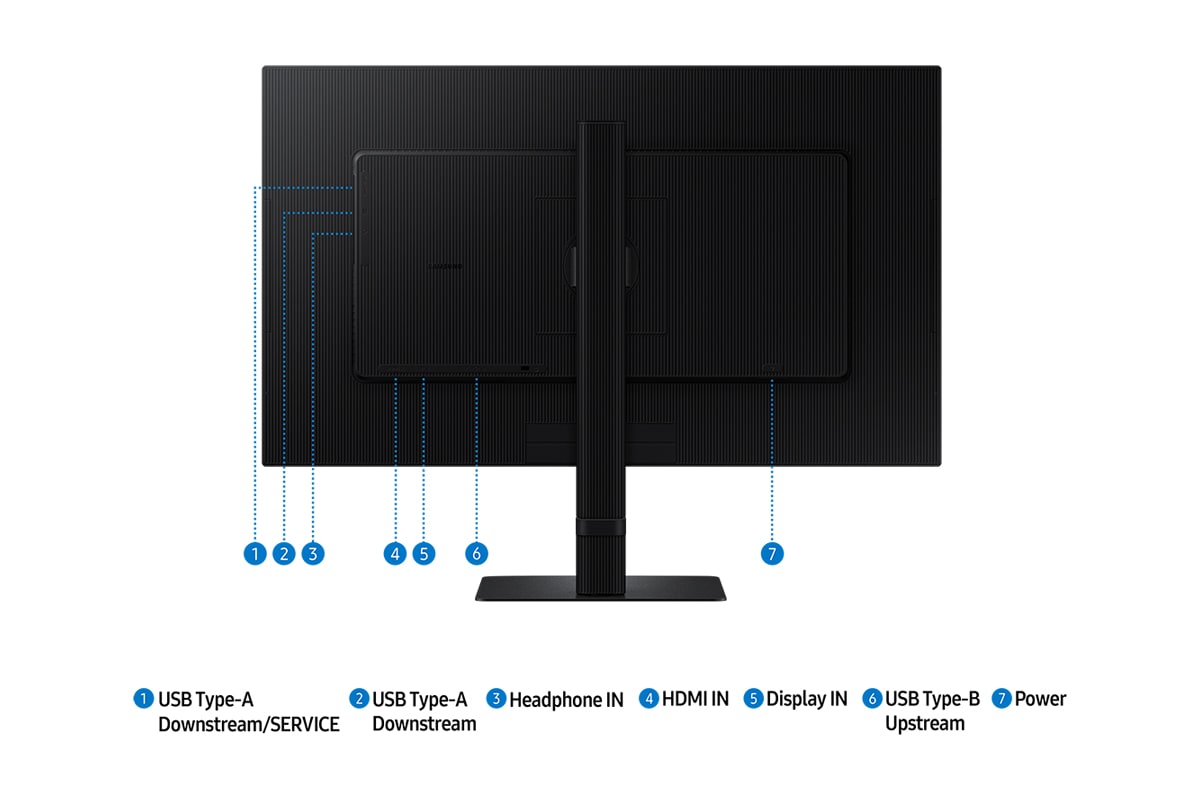 Jackport of 27inch Samsung ViewFinity S60D including USB Type-A Downstream/SERVICE, USB Type-A Downstream, USB Type-B Upstream, USB Type-C, headphone IN, LAN, Display IN, Display Out, HDMI IN, and power.