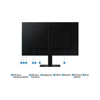 Jackport of 27inch Samsung ViewFinity S60D including USB Type-A Downstream/SERVICE, USB Type-A Downstream, USB Type-B Upstream, USB Type-C, headphone IN, LAN, Display IN, Display Out, HDMI IN, and power.