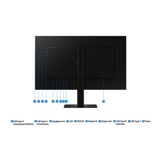 Jackport of 27inch Samsung ViewFinity S60UD including USB Type-A Downstream/SERVICE, USB Type-A Downstream, USB Type-B Upstream, USB Type-C, headphone IN, LAN, Display IN, Display Out, HDMI IN, and power.