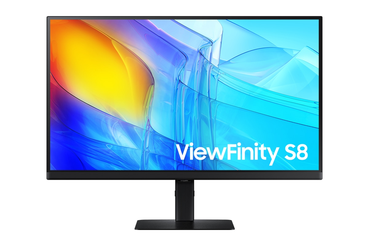 Front of 27inch Samsung ViewFinity S80D with blue wave on screen.