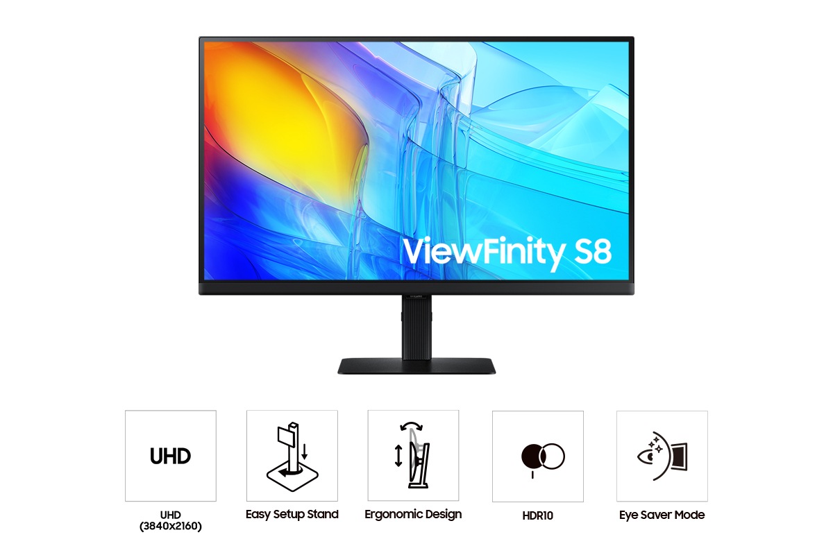 Front of 27inch Samsung ViewFinity S80D with blue wave on screen, and five icons for features about UHD, easy setup stand, ergonomic design, eye saver mode, and HDR10.