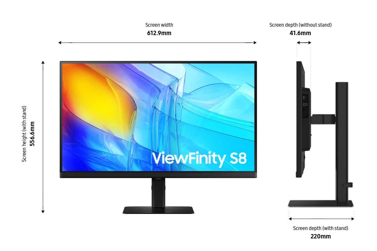 Dimension of 27inch Samsung ViewFinity S80D (612.9 x 556.6 x 220 mm) with black stand, and screen depth of 41.6mm without stand.