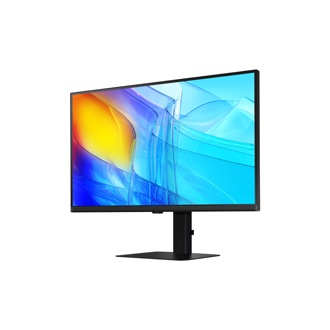 Front-right perspective of ##inch Samsung ViewFinity S80D with blue wave on screen.