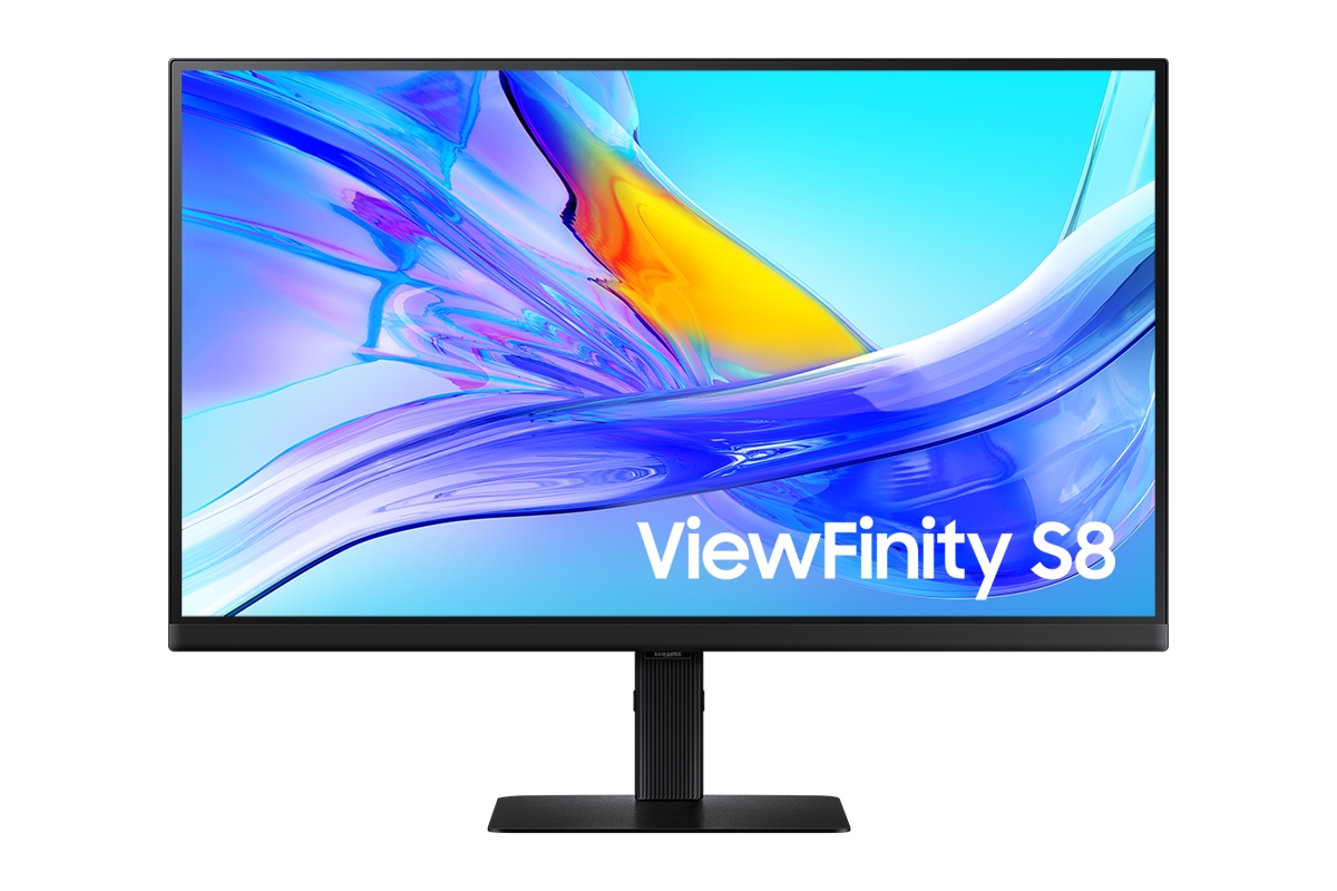 Front of 27inch Samsung ViewFinity S80UD with blue wave on screen.