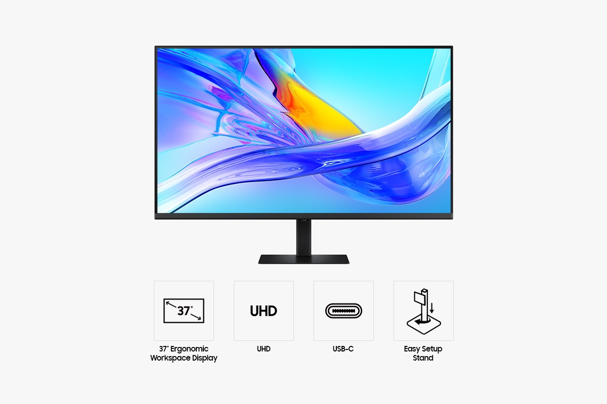 Front of 37 inch Samsung ViewFinity S8 S80UD the screen showing abstract colorful patterns, and four icons for features about 37” Ergonomic Workspace Display, UHD Resolution, USB-C, and Easy Setup Stand.