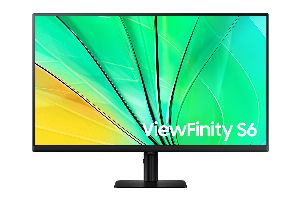 Front of 32inch Samsung ViewFinity S60D with green wave on screen.