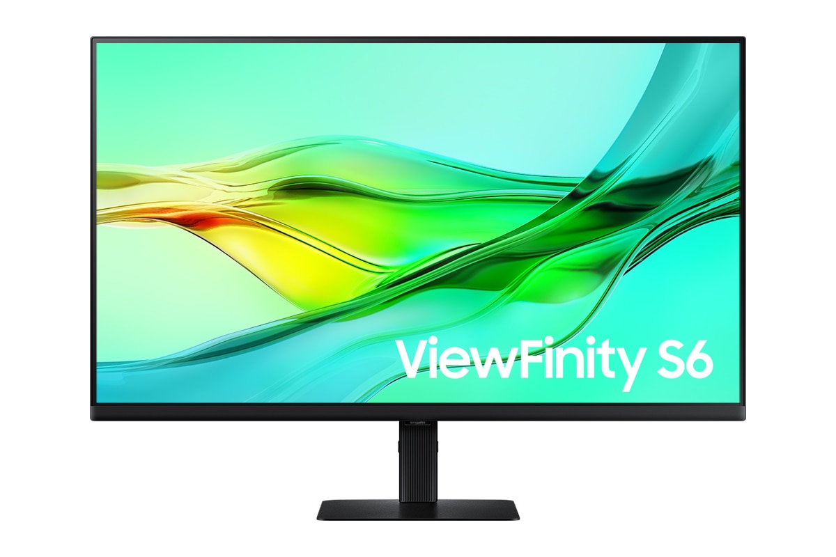 Front of 32inch Samsung ViewFinity S60UD with green wave on screen.