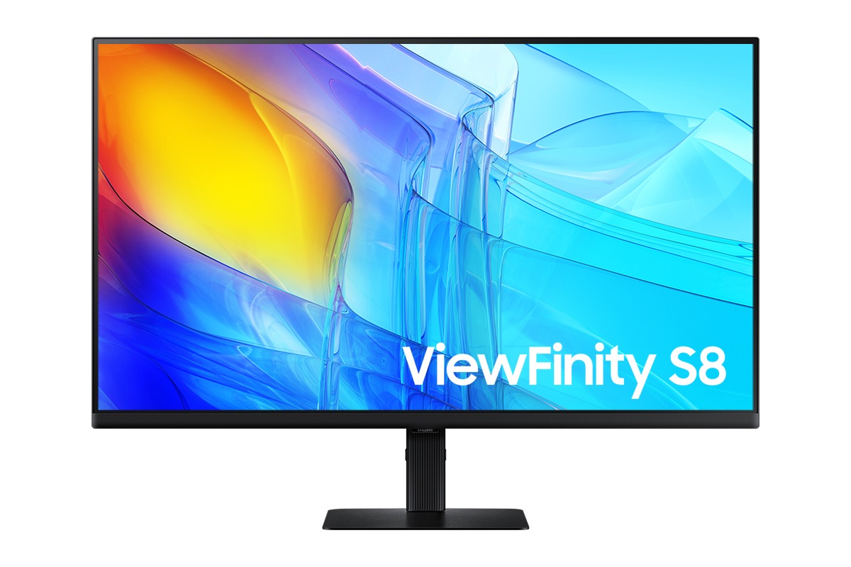 Front of 32inch Samsung ViewFinity S80D with blue wave on screen.