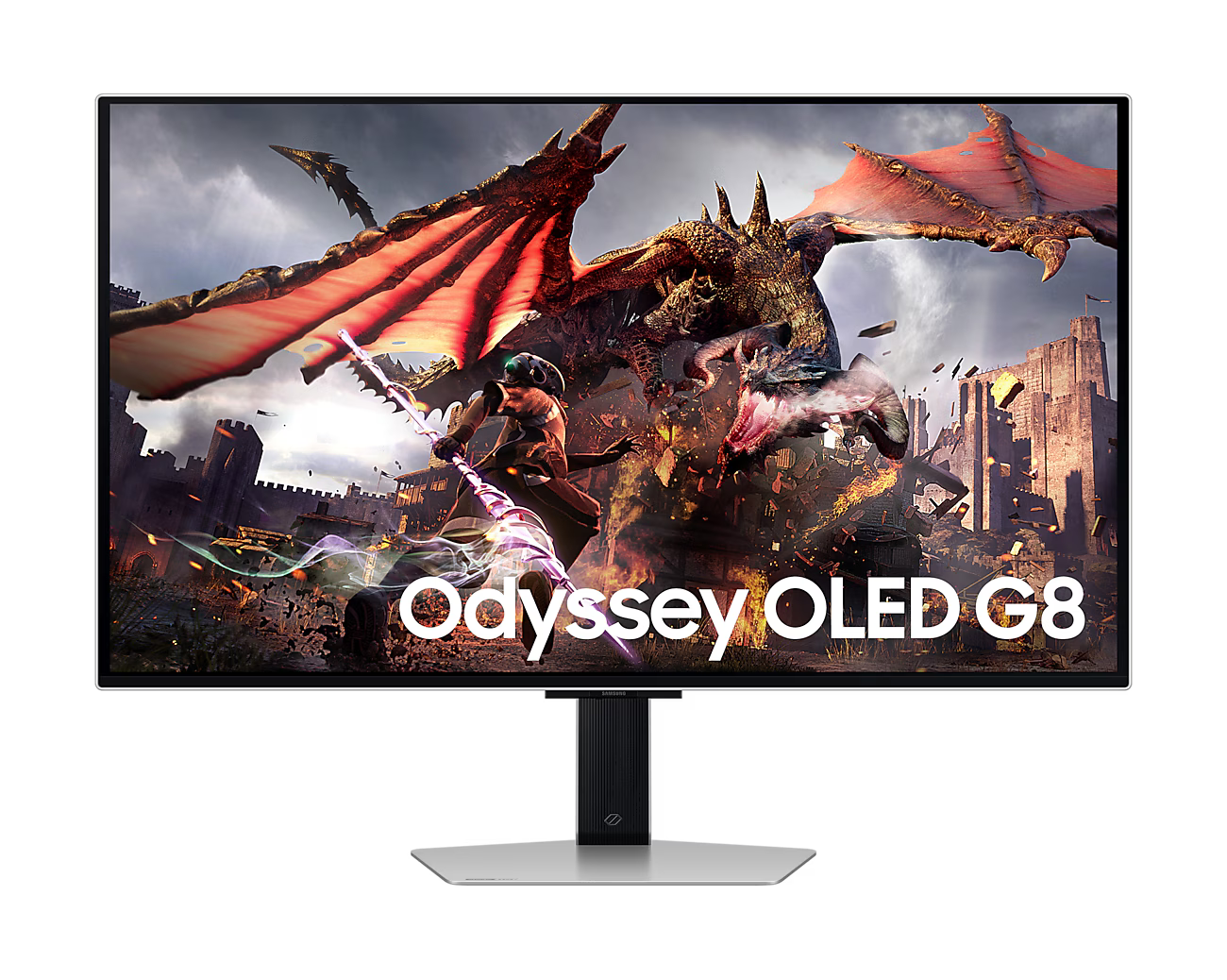 Front of Samsung Odyssey OLED G8 G80SD with dragon and warrior on screen.