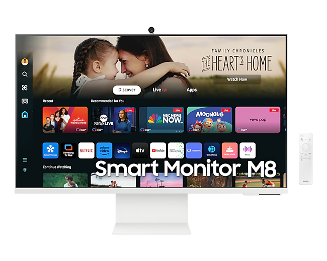 Front of Samsung Smart Monitor M80D with Smart TV Apps on screen, with Slimfit camera, and remote control.