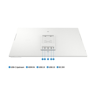 Jackport of Samsung Smart Monitor M80D including USB Type-C Upstream, two of USB 2.0, HDMI IN, and DC 20V.