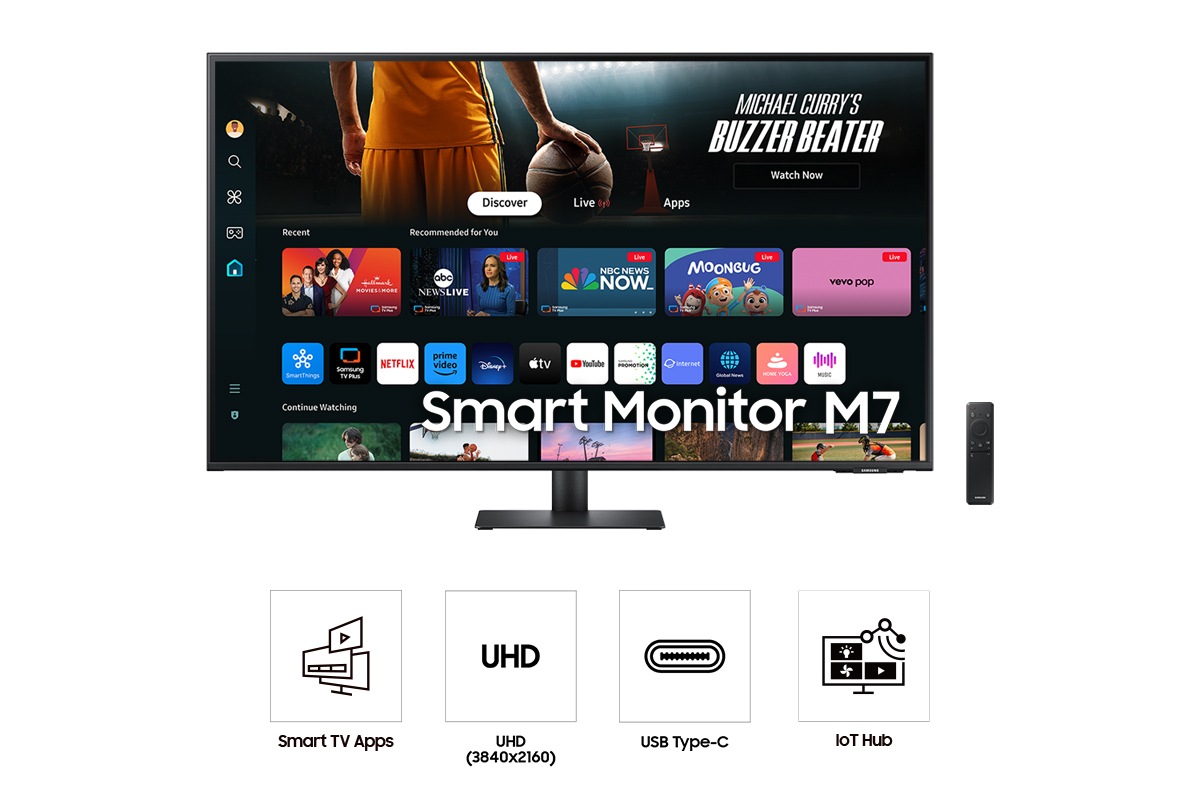 Front of 43inch Samsung Smart Monitor M70D with  Smart TV Apps on screen, remote control and four icons for features about Smart TV Apps, UHD, USB type-C and IoT hub.