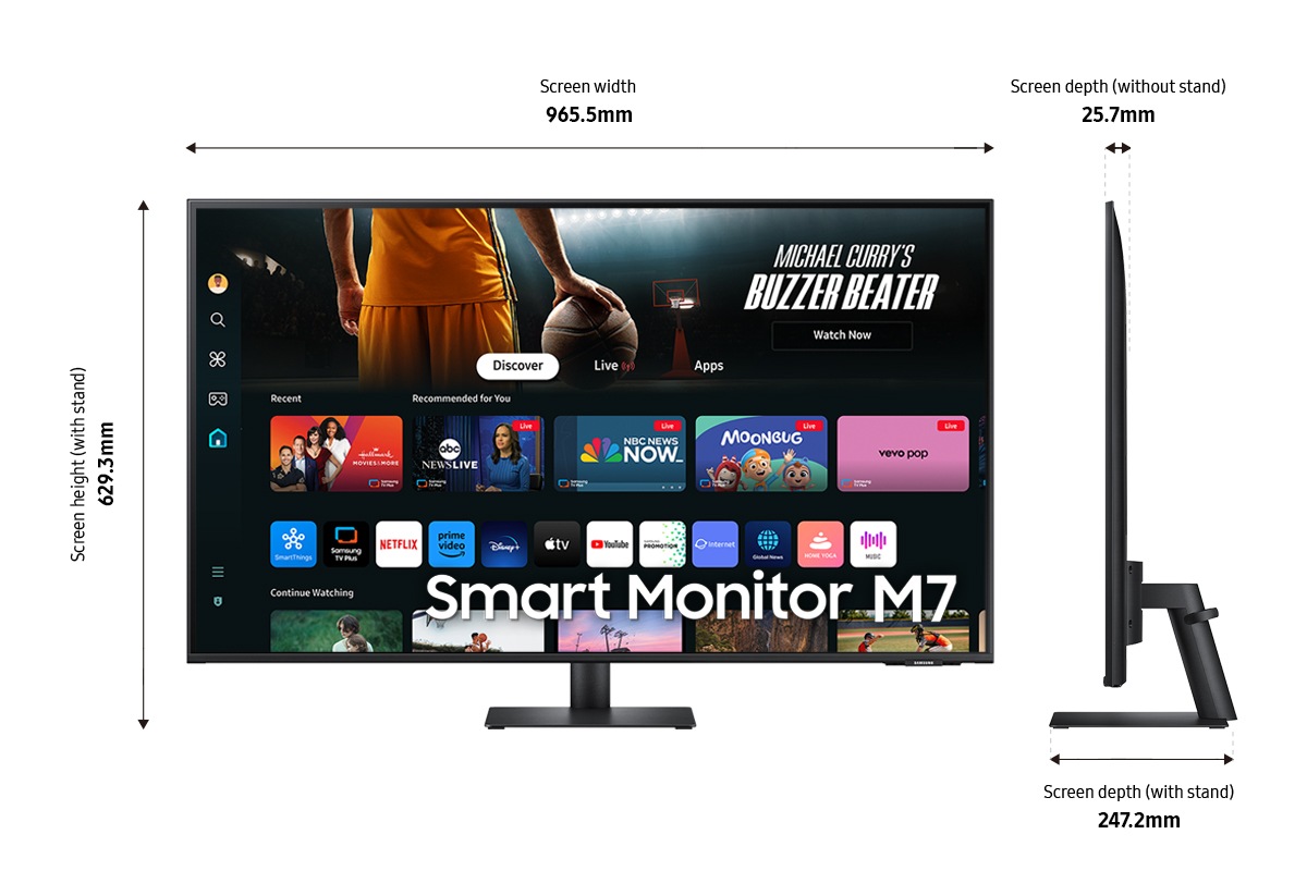 Dimension of 43inch Samsung Smart Monitor M70D (965.5 x 629.3 x 247.2 mm) with black stand, and screen depth of 25.7 mm without stand.