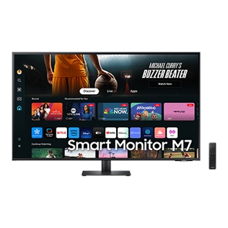 Front of 43nch Samsung Smart Monitor M70D with Smart TV Apps on screen, and remote control.