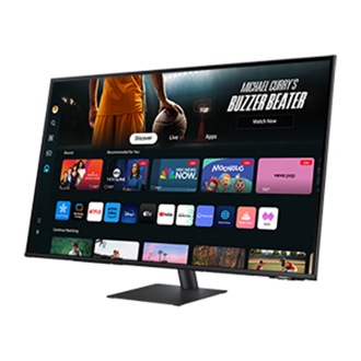 Front-right perspective of 43inch Samsung Smart Monitor M70D with Smart TV Apps on screen.